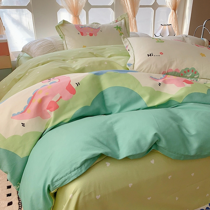 91家纺网 家纺一手货源 找家纺 2025新款亲肤舒适小清新全棉四件套 恐龙乐园