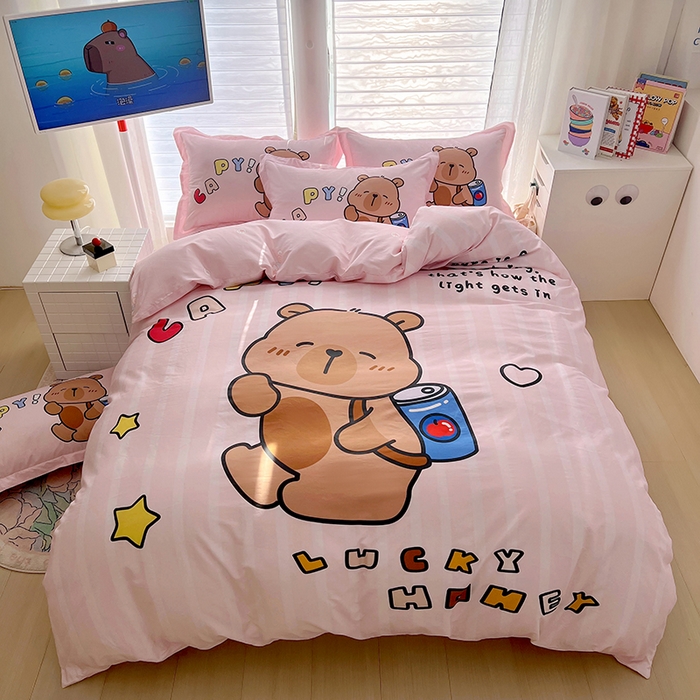 91家纺网 家纺一手货源 找家纺 浩诚 2025新款专版卡皮巴拉纯棉全棉卡通大版四件套-原创水豚卡卡【 提供买家秀 】 可乐巴拉