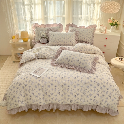 91家纺网 家纺一手货源 找家纺 忘忧草 2025新款全棉小清新床裙四件套 倾城繁花 紫