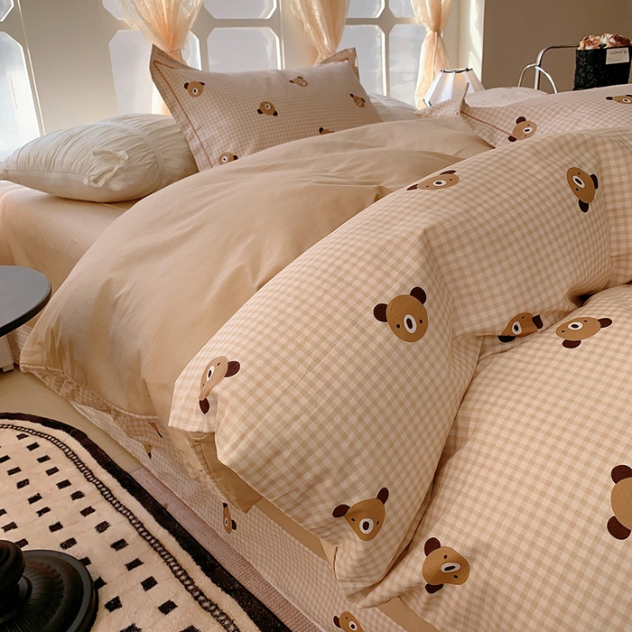 91家纺网 家纺一手货源 找家纺 2025新款亲肤舒适小清新全棉四件套小号标准都有 小浣熊咖