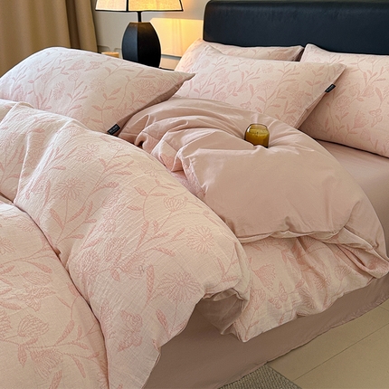 格里芬家纺 2025新款全棉色织水洗三层纱提花纯棉四件套 流风余韵-粉