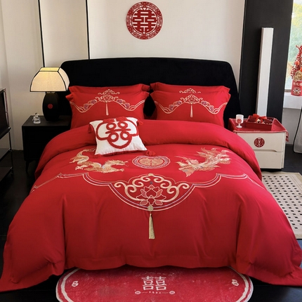 豪美鑫 2025新款婚庆磨毛刺绣四件套 龙凤如意