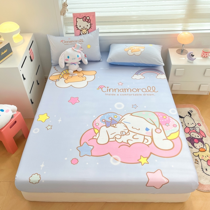 91家纺网 家纺一手货源 找家纺 暮思家居 2025新款正版授权三丽鸥大阪全棉数码印花纯棉单品床笠（第二批） A版-彩虹大耳狗