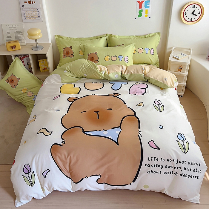 91家纺网 家纺一手货源 找家纺 浩诚 2025新款专版卡皮巴拉纯棉全棉卡通大版四件套-原创水豚卡卡【 提供买家秀 】 水豚巴拉