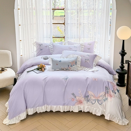 91家纺网 家纺一手货源 找家纺 金喜 2025新款全棉四件套公主风荷叶花边刺绣四件套-蝶恋花香 蝶恋花香-紫色