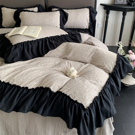 91家纺网 家纺一手货源 找家纺 （总）你好美丽 2025新款莫奈水洗磨毛双层纱立体提花大花边工艺款四件套