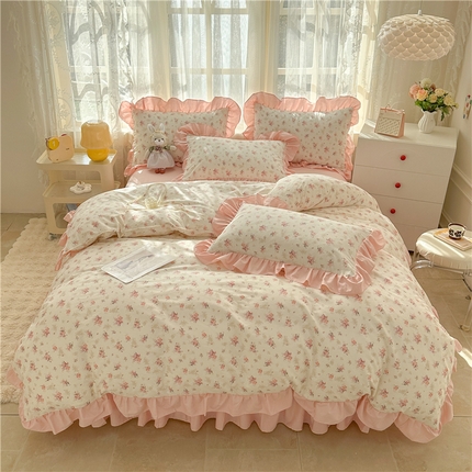 91家纺网 家纺一手货源 找家纺 忘忧草 2025新款全棉小清新床裙四件套 屋顶花园