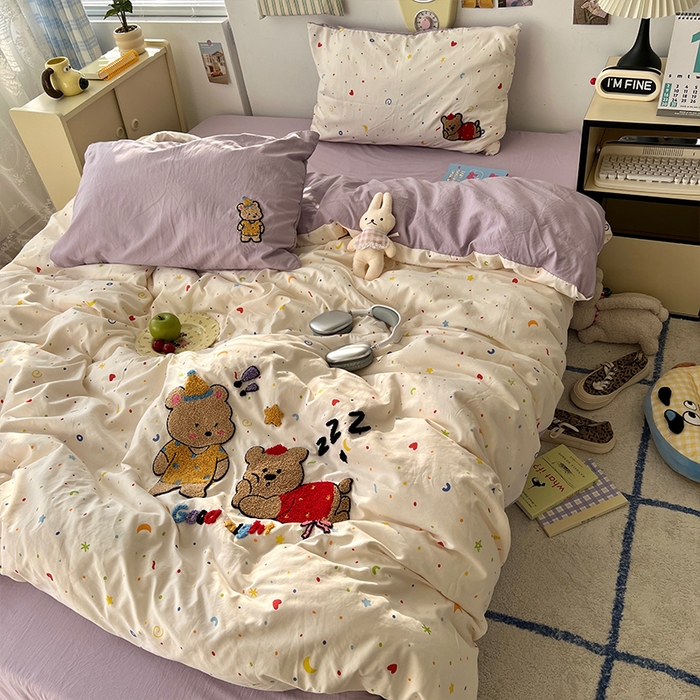 91家纺网 家纺一手货源 找家纺 原素 2025新款萌到心窝窝的毛巾绣四件套 两只小熊