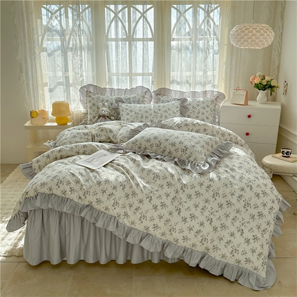 忘忧草 2025新款全棉小清新床裙四件套 倾城繁花 灰