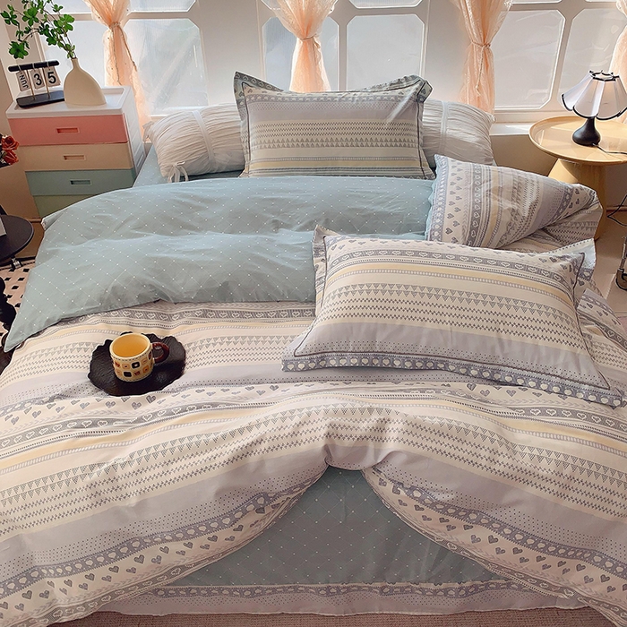 91家纺网 家纺一手货源 找家纺 2025新款亲肤舒适小清新全棉四件套 幸福里蓝