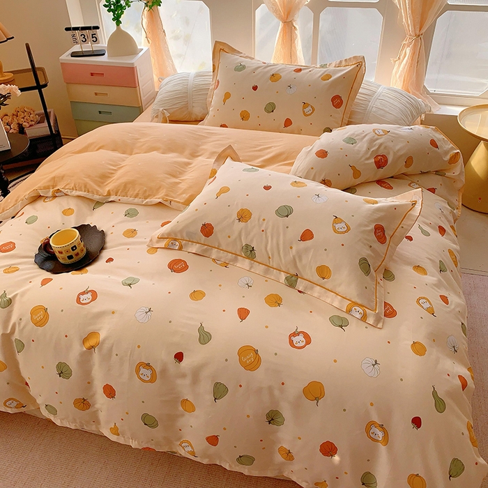 91家纺网 家纺一手货源 找家纺 2025新款亲肤舒适小清新全棉四件套 元气南瓜