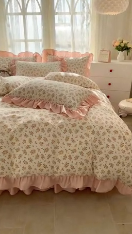 91家纺网 家纺一手货源 找家纺 忘忧草 2025新款全棉小清新床裙四件套 云香