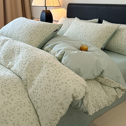 格里芬家纺 2025新款全棉色织水洗三层纱提花纯棉四件套 春树-绿