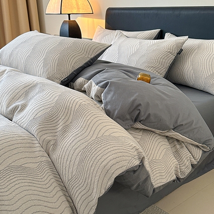 格里芬家纺 2025新款全棉色织水洗三层纱提花纯棉四件套 浮影流光-灰
