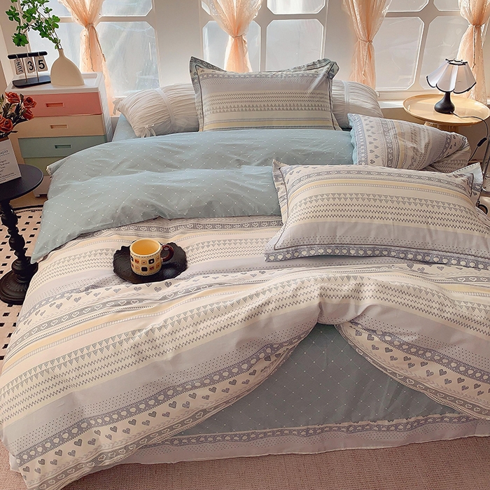 91家纺网 家纺一手货源 找家纺 2025新款亲肤舒适小清新全棉四件套 幸福里蓝