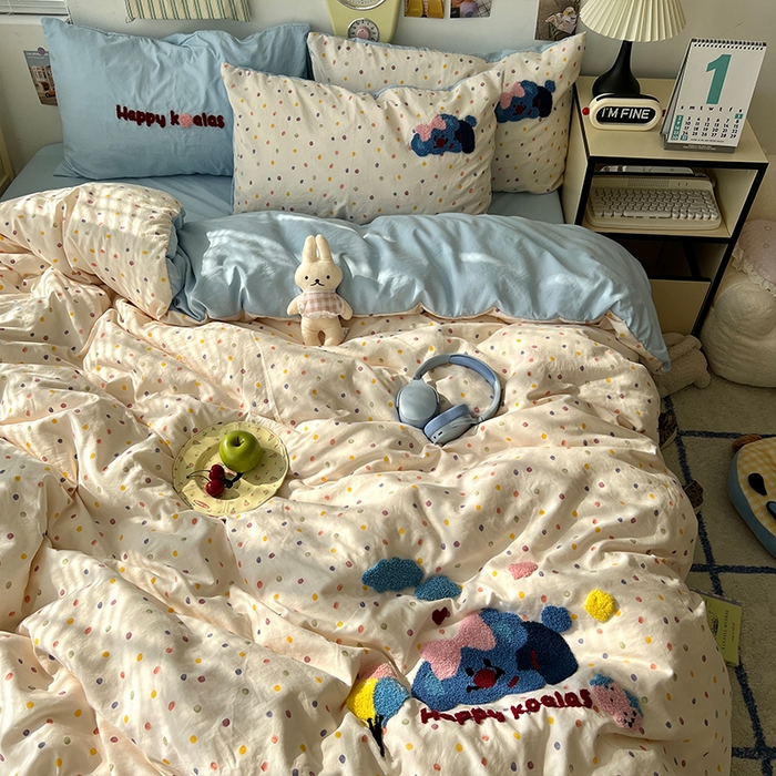 91家纺网 家纺一手货源 找家纺 原素 2025新款萌到心窝窝的毛巾绣四件套 开心考拉