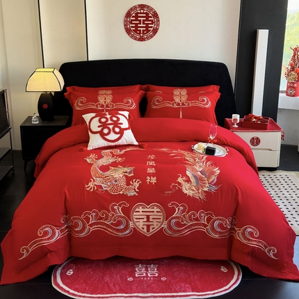 豪美鑫 2025新款婚庆磨毛刺绣四件套 龙凤呈祥