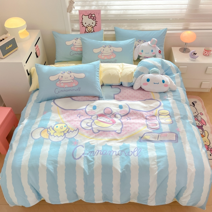 91家纺网 家纺一手货源 找家纺 暮思家居 2025新款正版授权三丽鸥大阪全棉数码印花纯棉四件套（第三批） 大版-竖条大耳狗