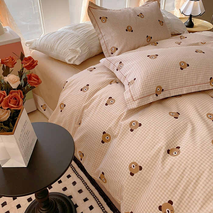 91家纺网 家纺一手货源 找家纺 2025新款亲肤舒适小清新全棉四件套小号标准都有 小浣熊咖