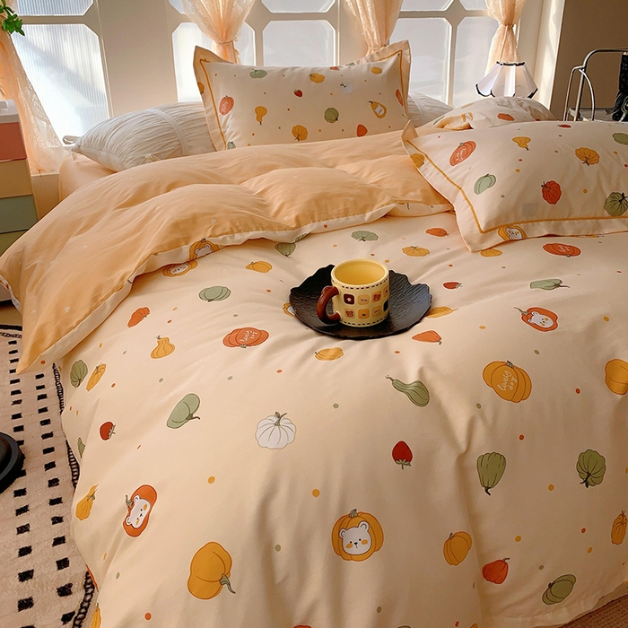 91家纺网 家纺一手货源 找家纺 2025新款亲肤舒适小清新全棉四件套 元气南瓜