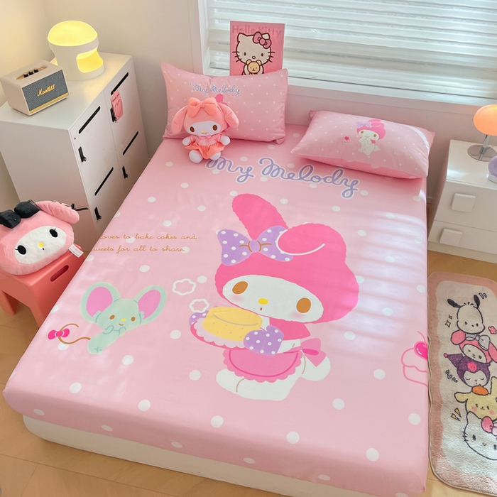 91家纺网 家纺一手货源 找家纺 暮思家居 2025新款正版授权三丽鸥大阪全棉数码印花纯棉单品床笠（第二批） A版-波点美乐蒂