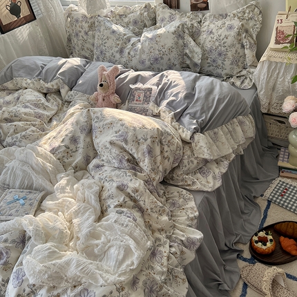 91家纺网 家纺一手货源 找家纺 （总）原素 2025新款韩系小花卉花边水洗棉四件套