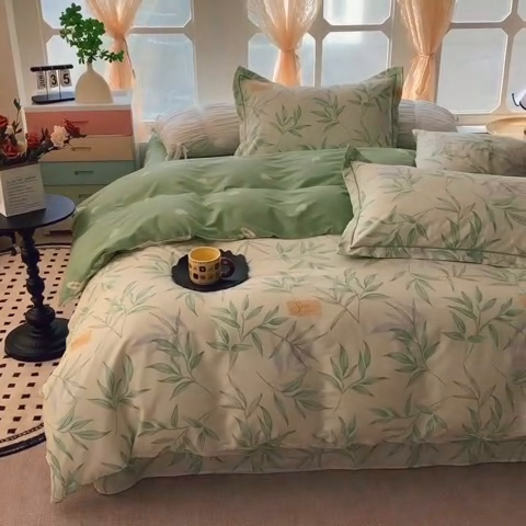 91家纺网 家纺一手货源 找家纺 2025新款亲肤舒适小清新全棉四件套 叶曲