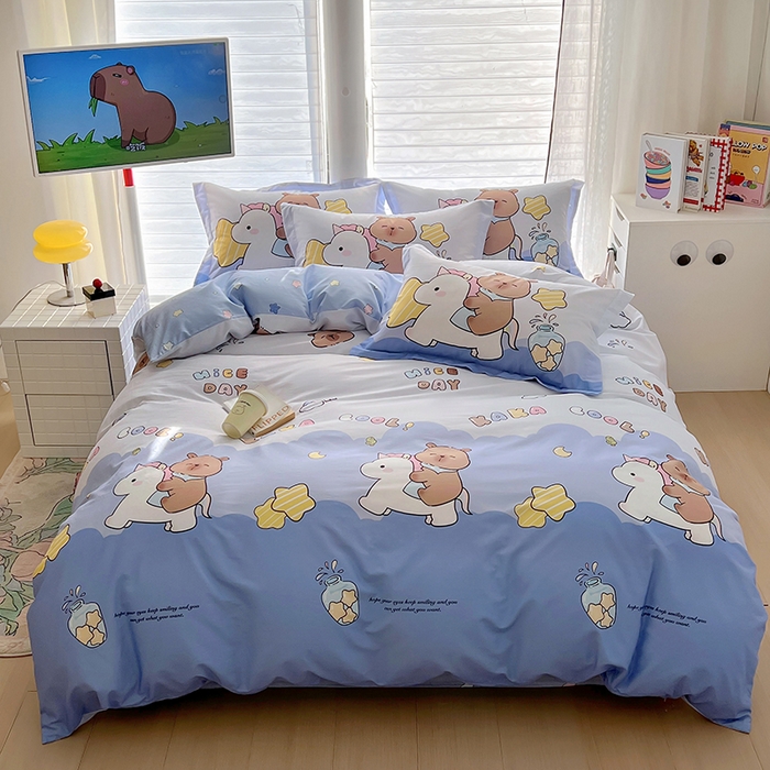 91家纺网 家纺一手货源 找家纺 浩诚 2025新款专版卡皮巴拉纯棉全棉卡通大版四件套-原创水豚卡卡【 提供买家秀 】 旋转巴拉