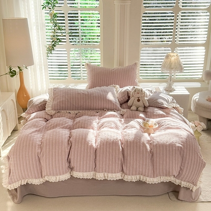 91家纺网 家纺一手货源 找家纺 （总）棉小二 2025新款全棉色织花边提花水洗棉四件套-麦香