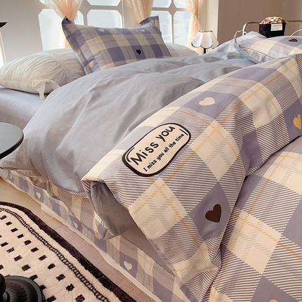 2025新款亲肤舒适小清新全棉四件套小号标准都有 爱心蓝格