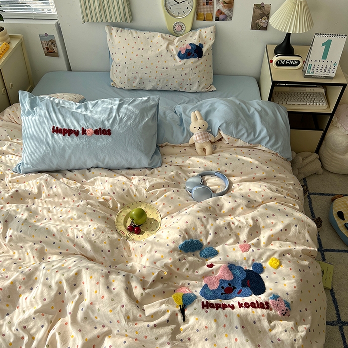 91家纺网 家纺一手货源 找家纺 原素 2025新款萌到心窝窝的毛巾绣四件套 开心考拉