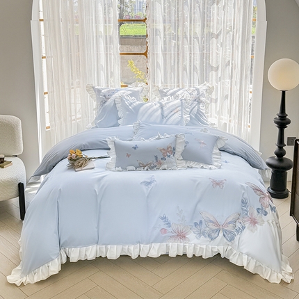 91家纺网 家纺一手货源 找家纺 金喜 2025新款全棉四件套公主风荷叶花边刺绣四件套-蝶恋花香 蝶恋花香-蓝色