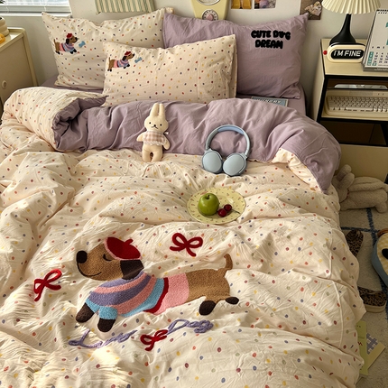 原素 2025新款萌到心窝窝的毛巾绣四件套 彩波腊肠狗