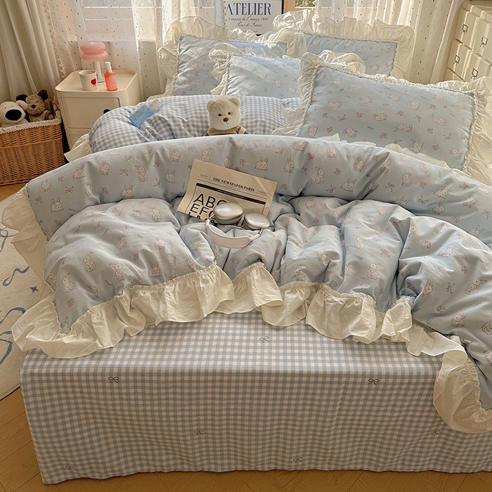 91家纺网 家纺一手货源 找家纺 瑞莱 2025新款全棉韩版花边印花四件套 韩版花仙兔