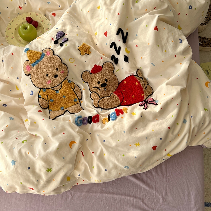 91家纺网 家纺一手货源 找家纺 原素 2025新款萌到心窝窝的毛巾绣四件套 两只小熊