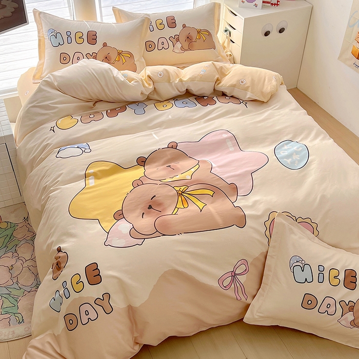 91家纺网 家纺一手货源 找家纺 浩诚 2025新款专版卡皮巴拉纯棉全棉卡通大版四件套-原创水豚卡卡【 提供买家秀 】 睡梦巴拉