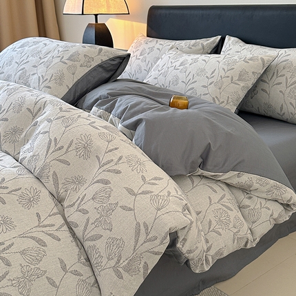 格里芬家纺 2025新款全棉色织水洗三层纱提花纯棉四件套 流风余韵-灰