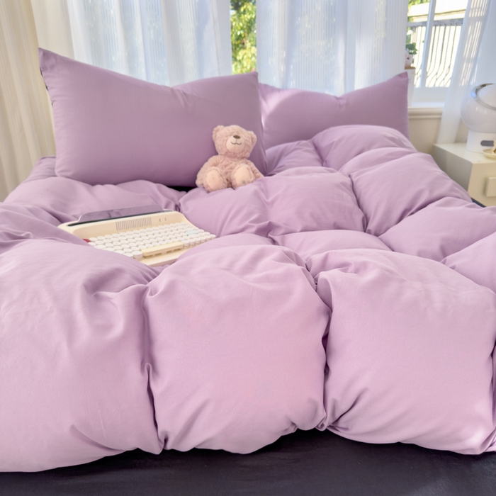 91家纺网 家纺一手货源 找家纺 优佳优品 2024新款亲肤水洗棉纯色四件套紫色星空