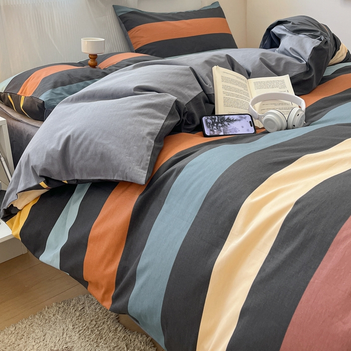 91家纺网 家纺一手货源 找家纺 西引力 2025开春新款全棉印花四件套单被套系列 彩条时尚