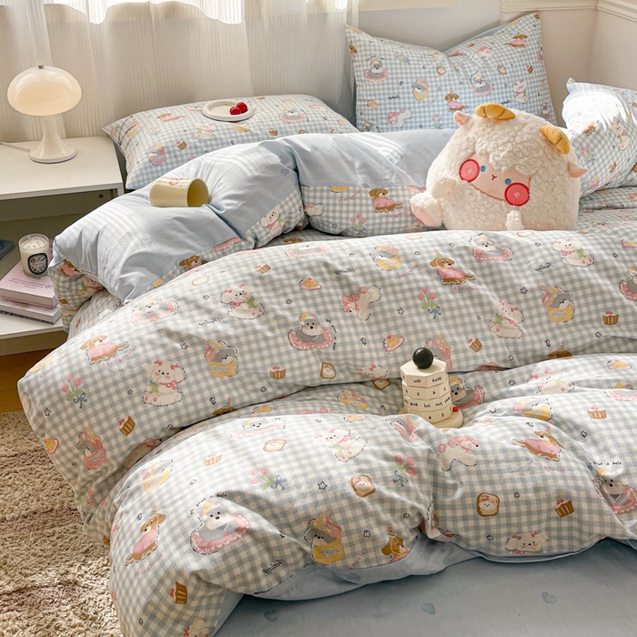 91家纺网 家纺一手货源 找家纺 西引力 2025开春新款全棉印花四件套单被套系列 狗狗派对