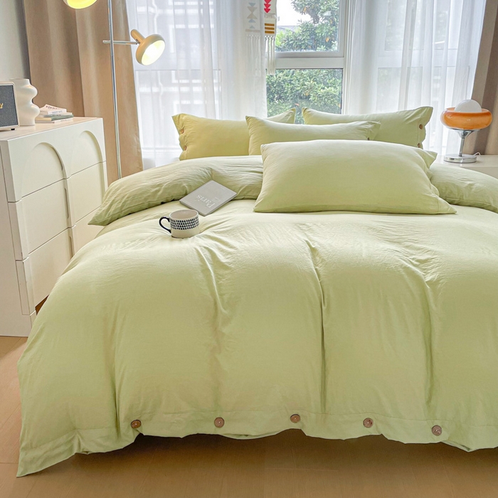 91家纺网 家纺一手货源 找家纺 库里梦家纺 2025新款水洗棉纽扣四件套学生季A类简约纯色无印风四件套 纽扣芥末绿