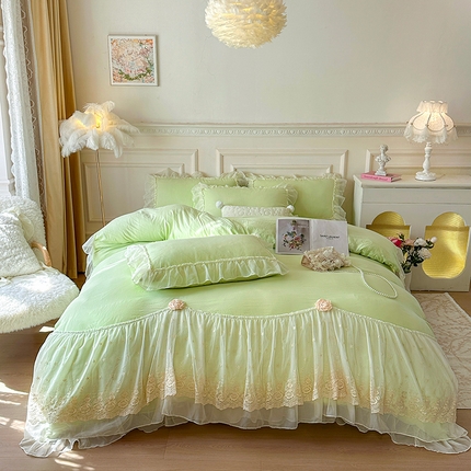 91家纺网 家纺一手货源 找家纺 臻工厂2025 法式高端床盖水洗棉四件套 梦幻花园-绿