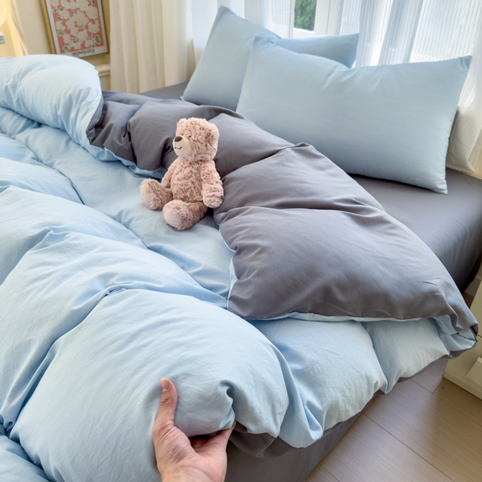 91家纺网 家纺一手货源 找家纺 优佳优品 2024新款亲肤水洗棉纯色四件套莫奈灰蓝