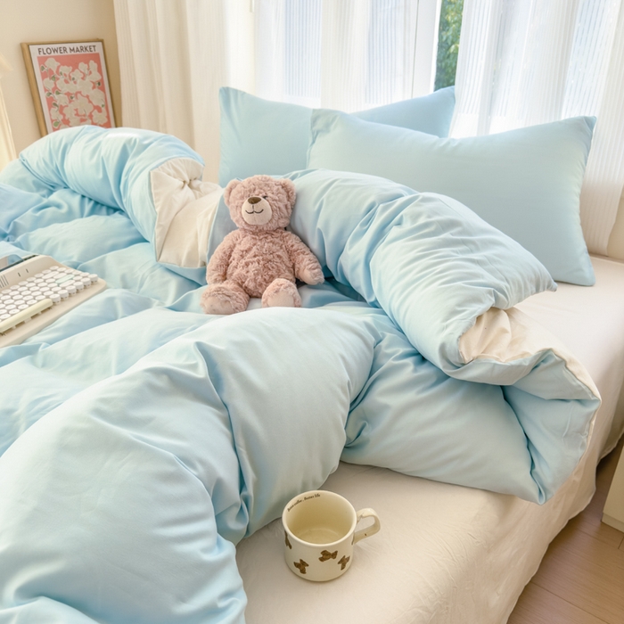 91家纺网 家纺一手货源 找家纺 优佳优品 2024新款亲肤水洗棉纯色四件套霜雪蔚蓝