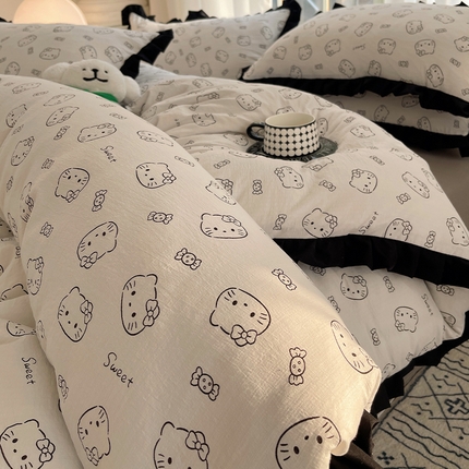 韩都2025黑花边双层纱水洗针织棉韩版公主风四件套 猫咪恋人