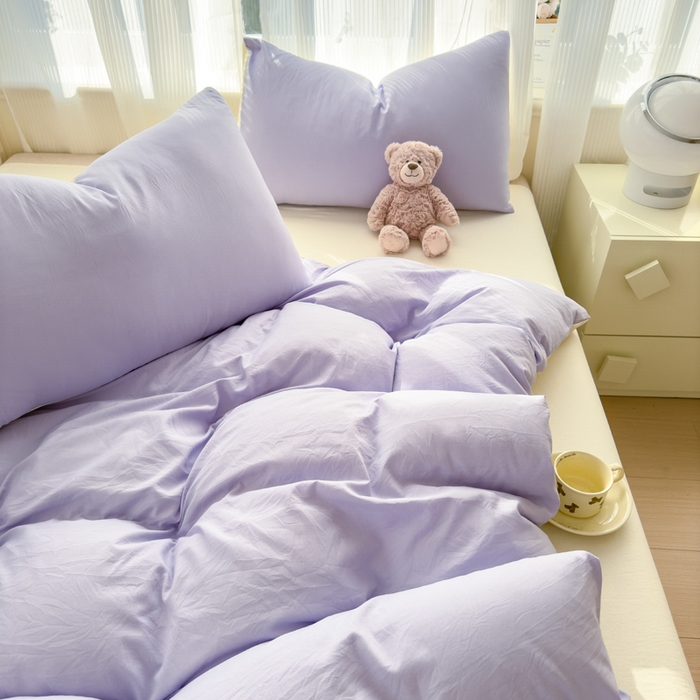 91家纺网 家纺一手货源 找家纺 优佳优品 2024新款亲肤水洗棉纯色四件套紫色时光