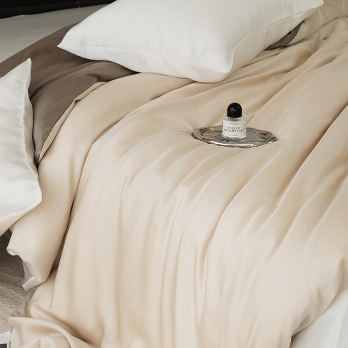 91家纺网 家纺一手货源 找家纺 EH家居 2025春夏天丝纯色单被套 香槟咖+深咖