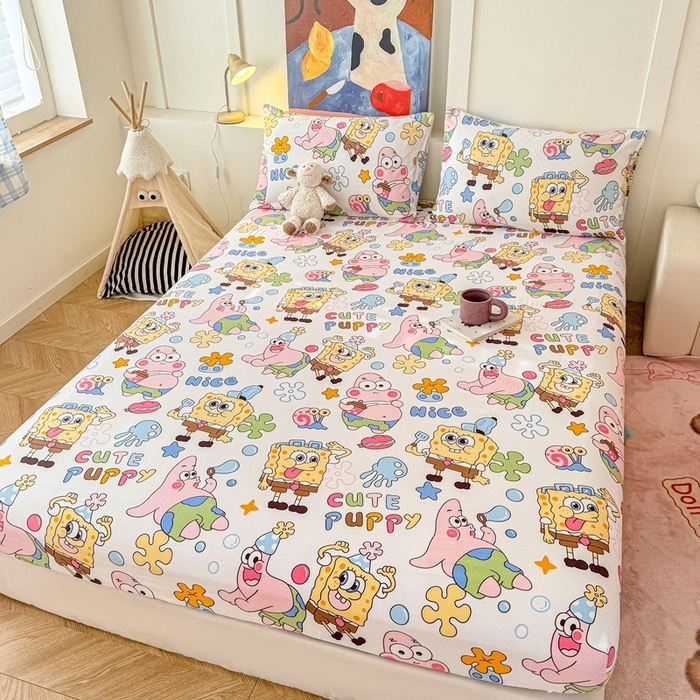 91家纺网 家纺一手货源 找家纺 温眠 2025新款A类亲肤水洗棉可爱卡通印花床笠 海绵伙伴