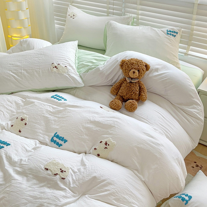 91家纺网 家纺一手货源 找家纺 韩巢家纺 2025新款超柔水洗棉小白熊毛巾绣四件套-（提供卖家秀） 小白熊白绿