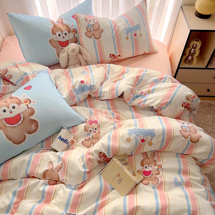 91家纺网 家纺一手货源 找家纺 春光里 2025新款水洗棉印花系列四件套 小兔软团